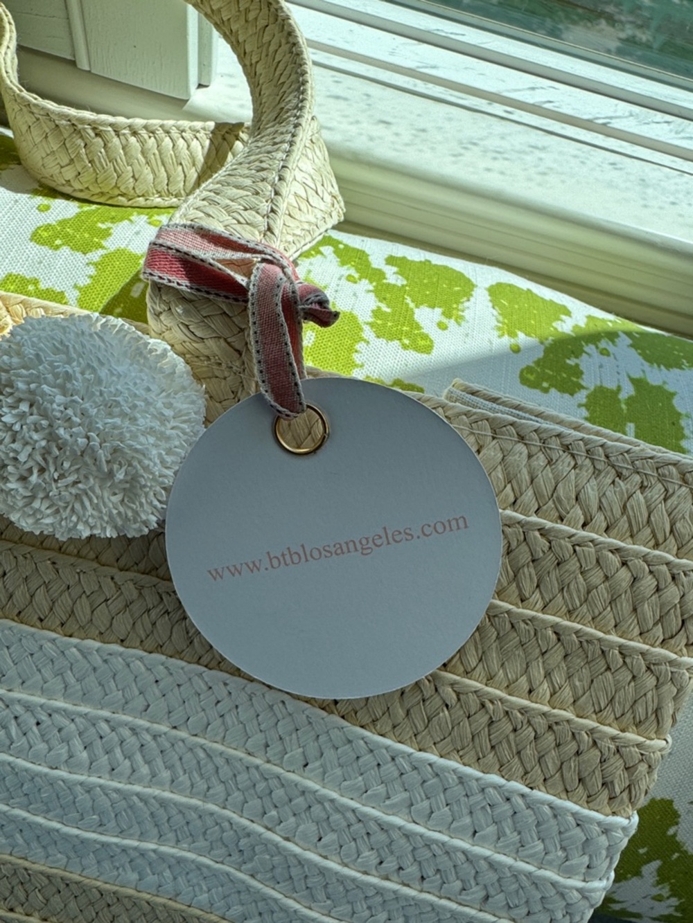 Neutral Stripe Straw Tote with Pom Pom Accent - Picture 3 of 3